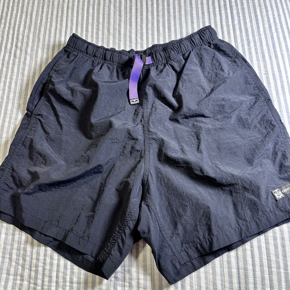 Obey Easy Relaxed Crinkle Nylon Shorts Mens Small Black Purple Belt Streetwear